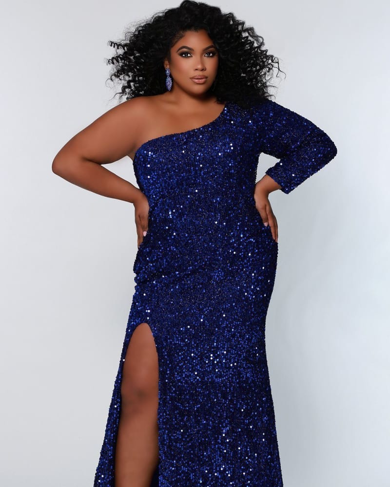 Front of a model wearing a size 24 Flawless Formal Dress in Sapphire by Sydney's Closet. | dia_product_style_image_id:250679